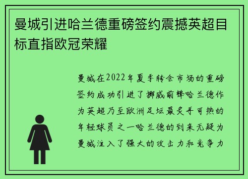 曼城引进哈兰德重磅签约震撼英超目标直指欧冠荣耀
